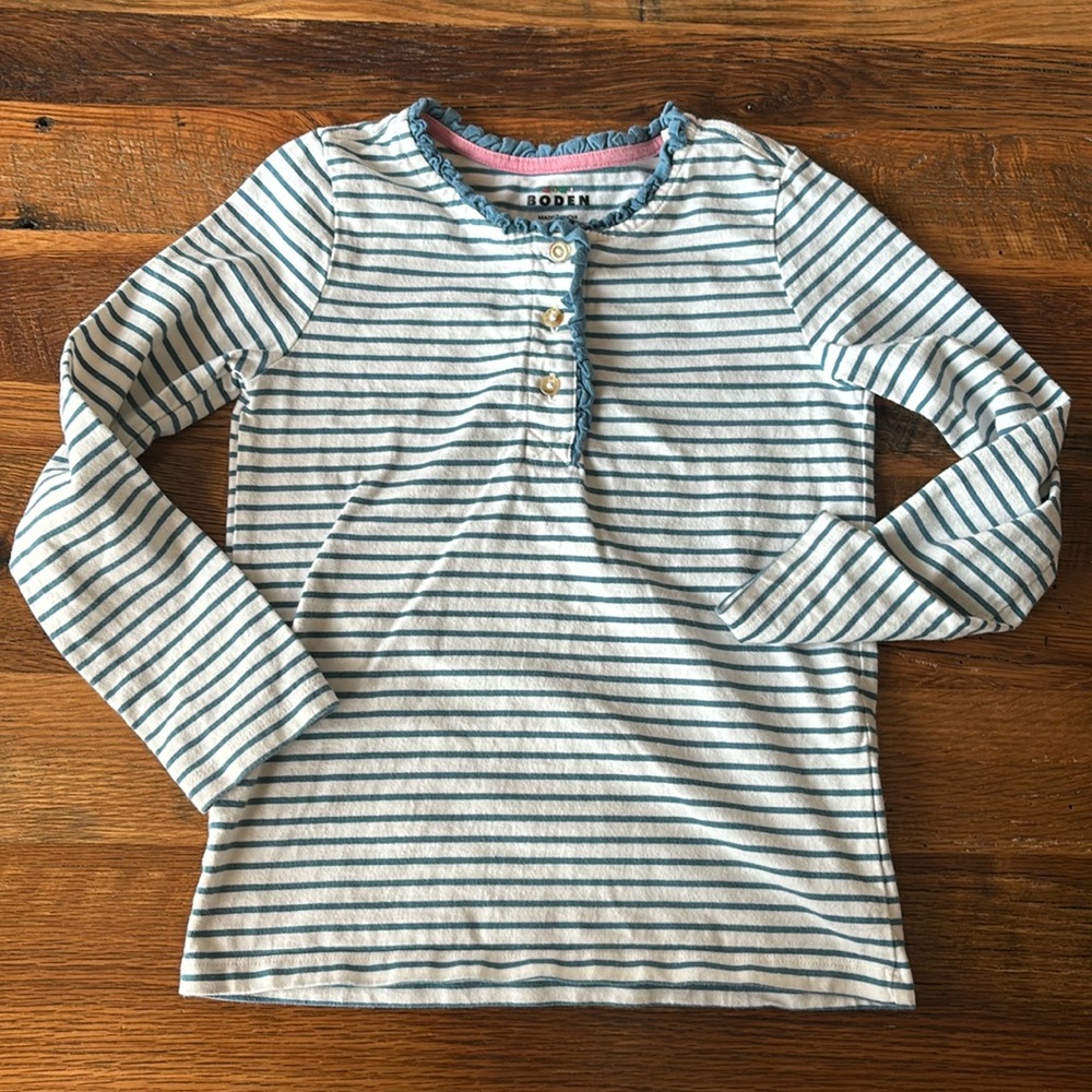 Mini Boden Striped Long Sleeve Ruffle tshirt button down